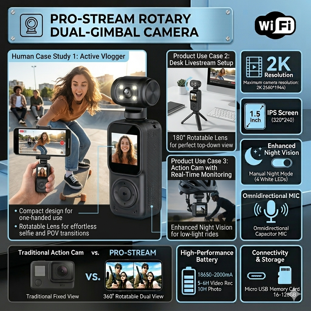 Pro-Stream 2K Rotary Dual-Gimbal Action Camera