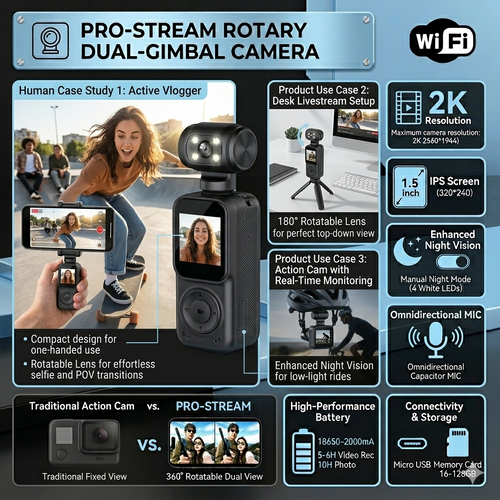 Pro-Stream 2K Rotary Dual-Gimbal Action Camera