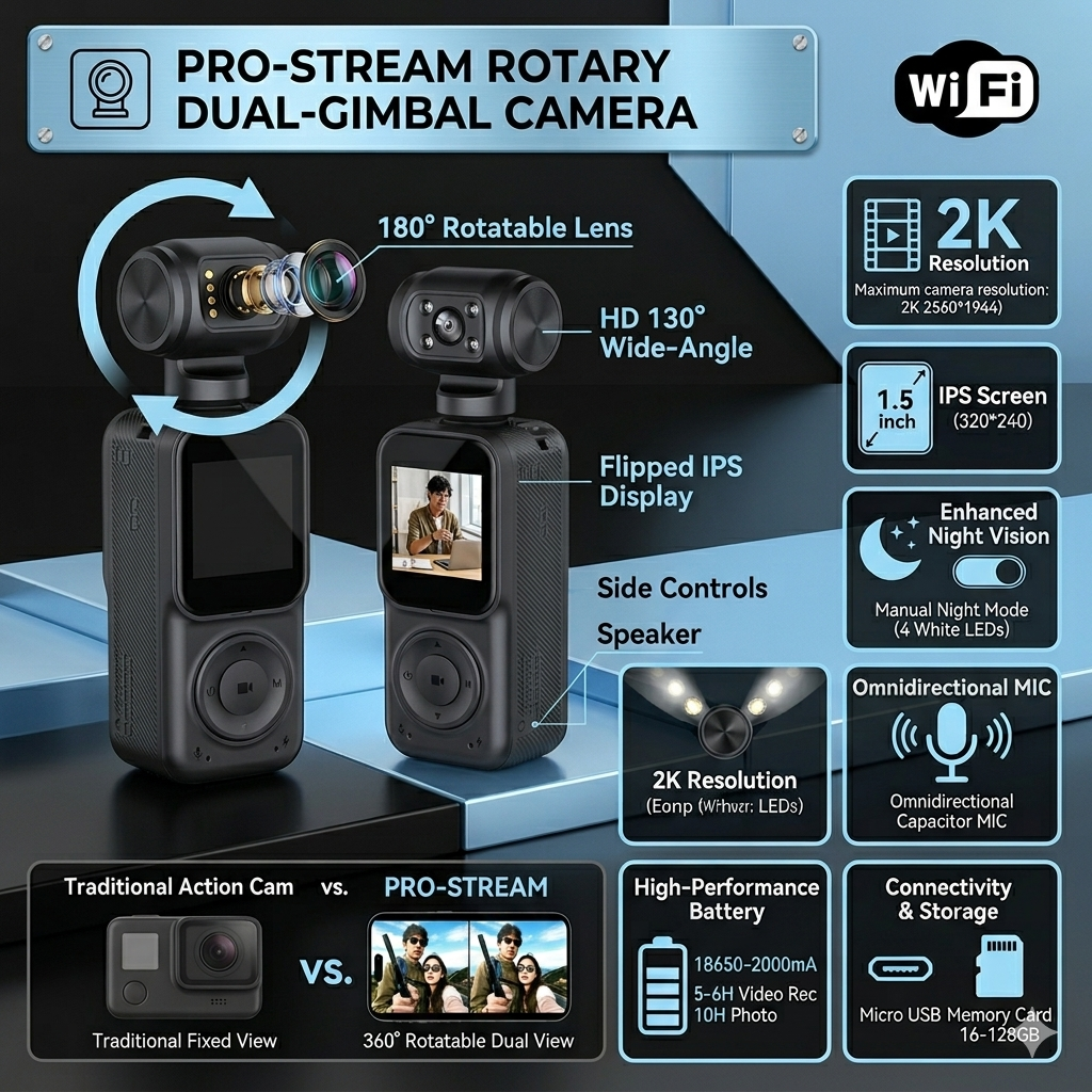 Pro-Stream 2K Rotary Dual-Gimbal Action Camera